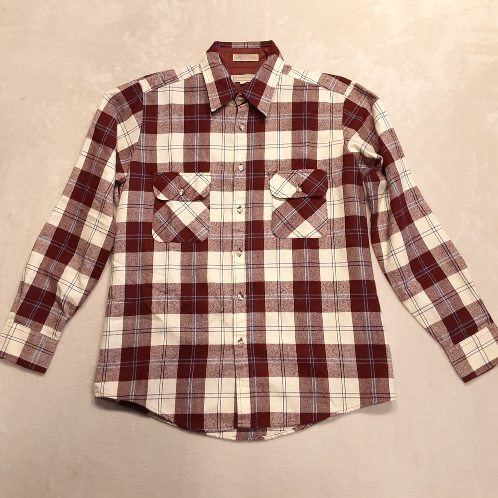 Vintage Timber Run Mens Acrylic Flannel Medium Burgundy Beige Plaid